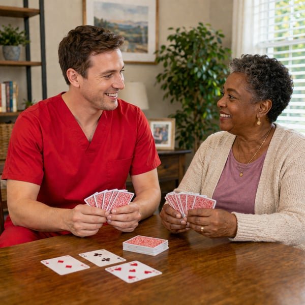 Caregiver playing cards with a senior woman