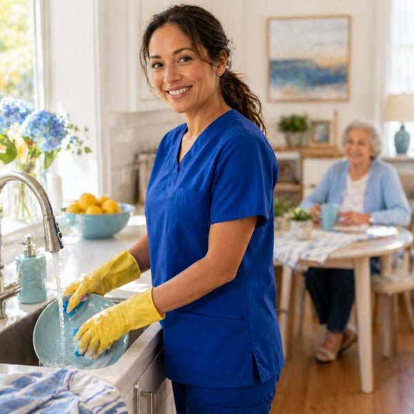 Caregiver cleaning a kitchen while a senior woman looks on
