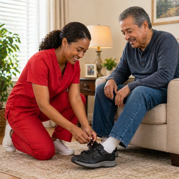 Caregiver helping a senior man put on his shoes