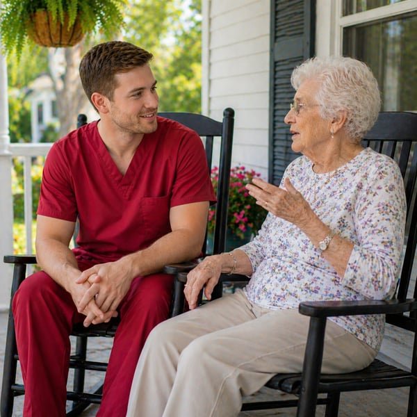 Caregiver providing companionship on porch