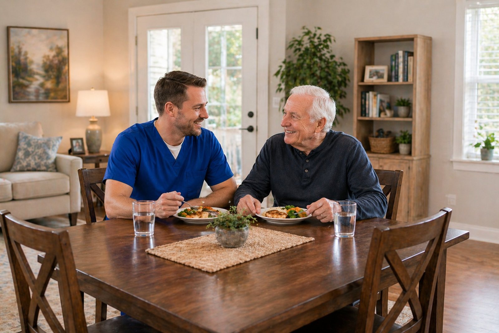 Caregiver supporting senior during mealtime