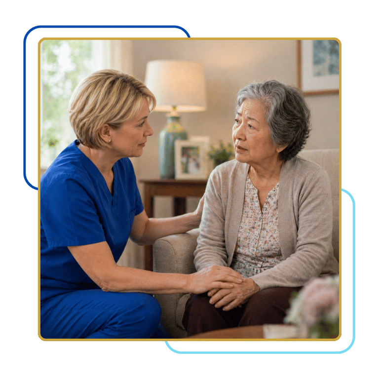 Caregiver reassuring senior with dementia