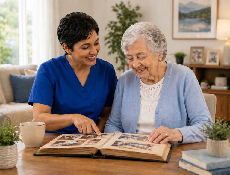 Memory care caregiver and senior with photo album